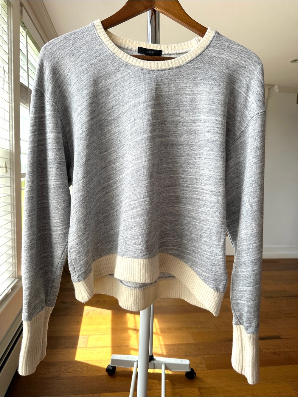 J. Crew Crewneck Sweater, Cotton with Cream Wool Trim, Relaxed Fit